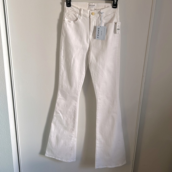 New FRAME High Rise Skinny Flared Fit White Stretch Denim Jean - Le High Flare - Picture 2 of 13